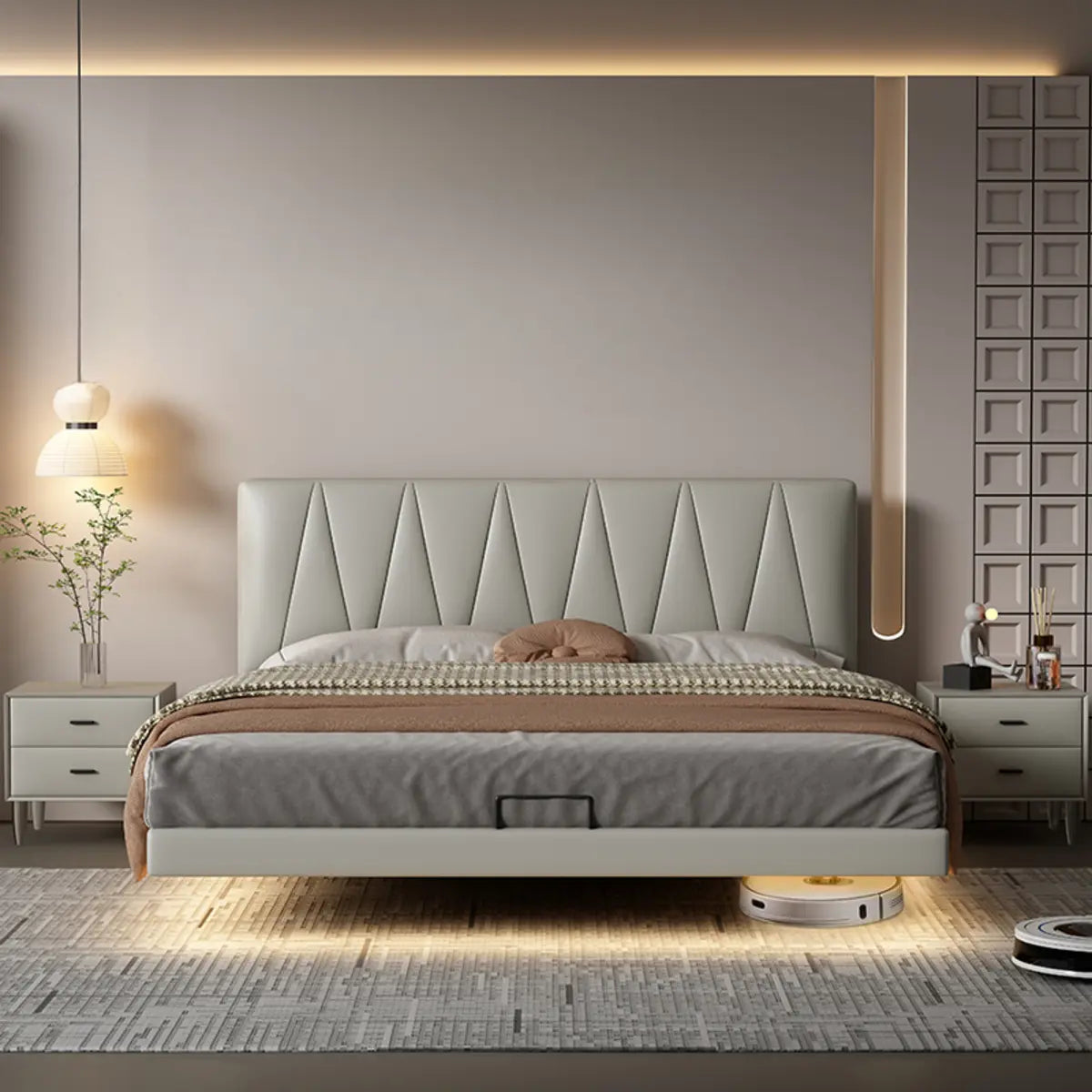 Grey Leather Upholstered Headboard Queen Panel Bed Image - 1