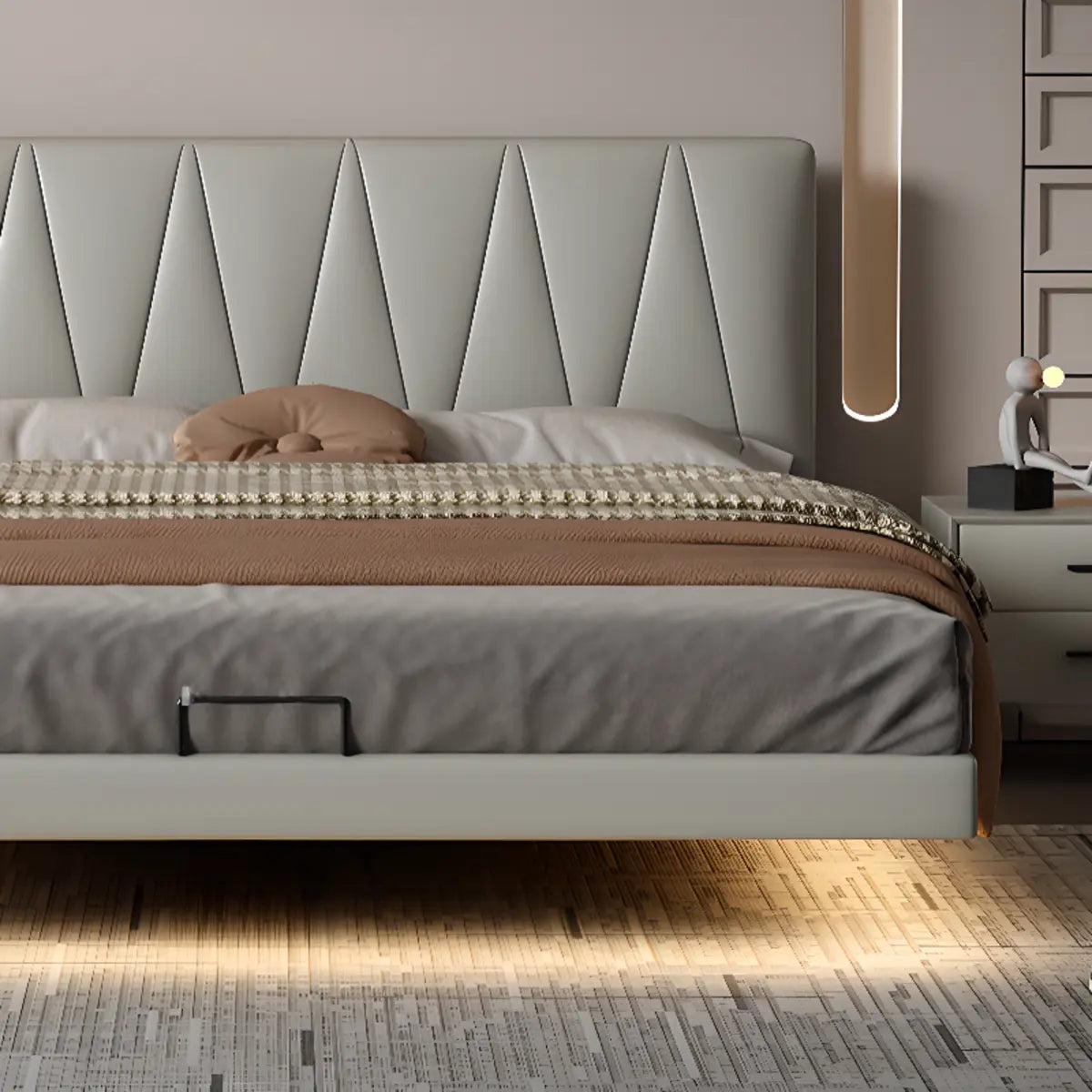 Grey Leather Upholstered Headboard Queen Panel Bed Image - 4