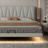 Grey Leather Upholstered Headboard Queen Panel Bed Image - 4