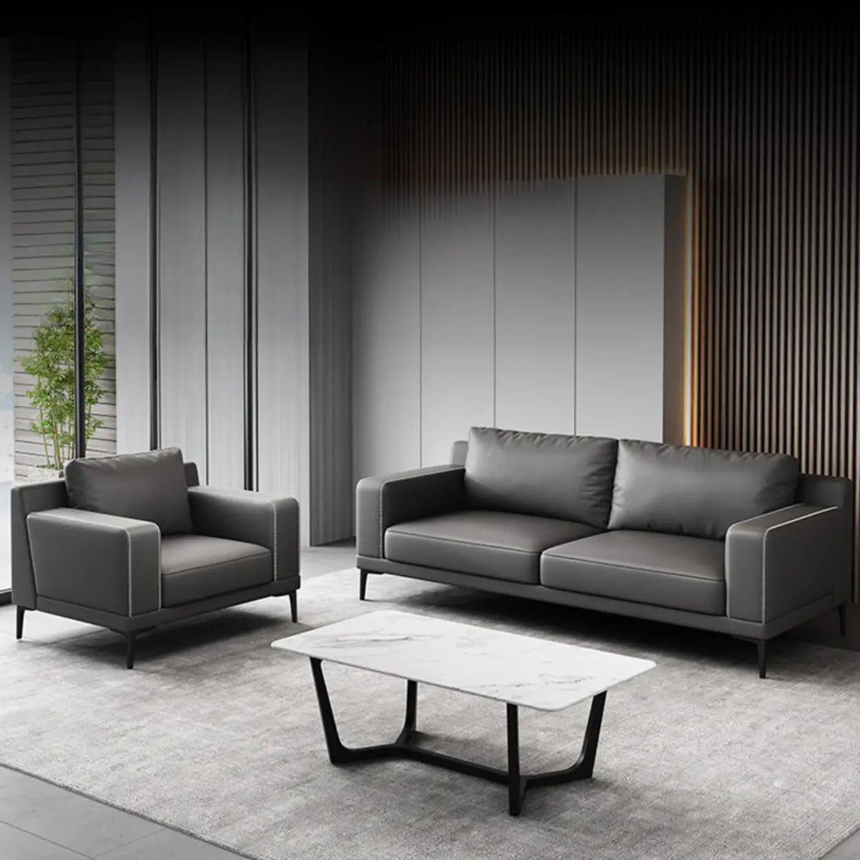 Grey Leather Wood Frame Sofa with Arms and Legs Image - 4