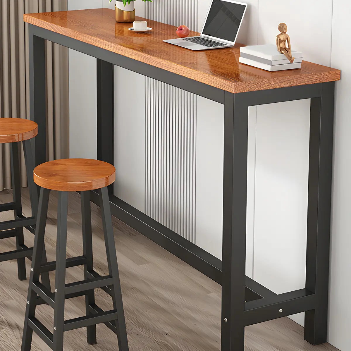 Grey Long Rectangle Wood Bar Table with Steel Base Image - 2