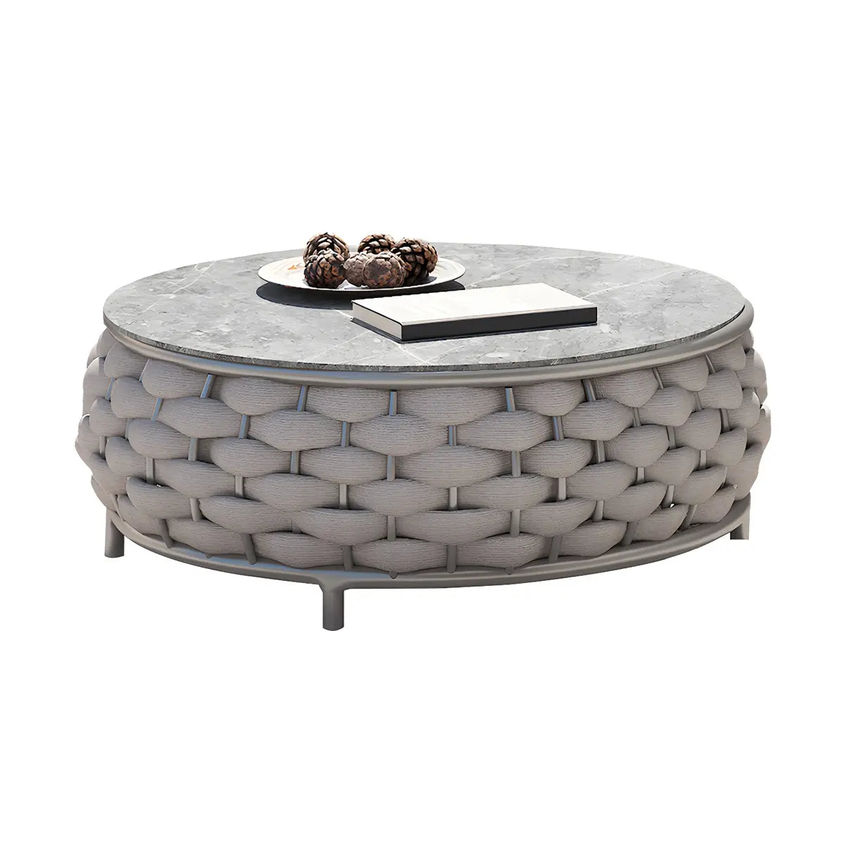 Grey Metal Frame Round Outdoor Stone Coffee Table Image - 10