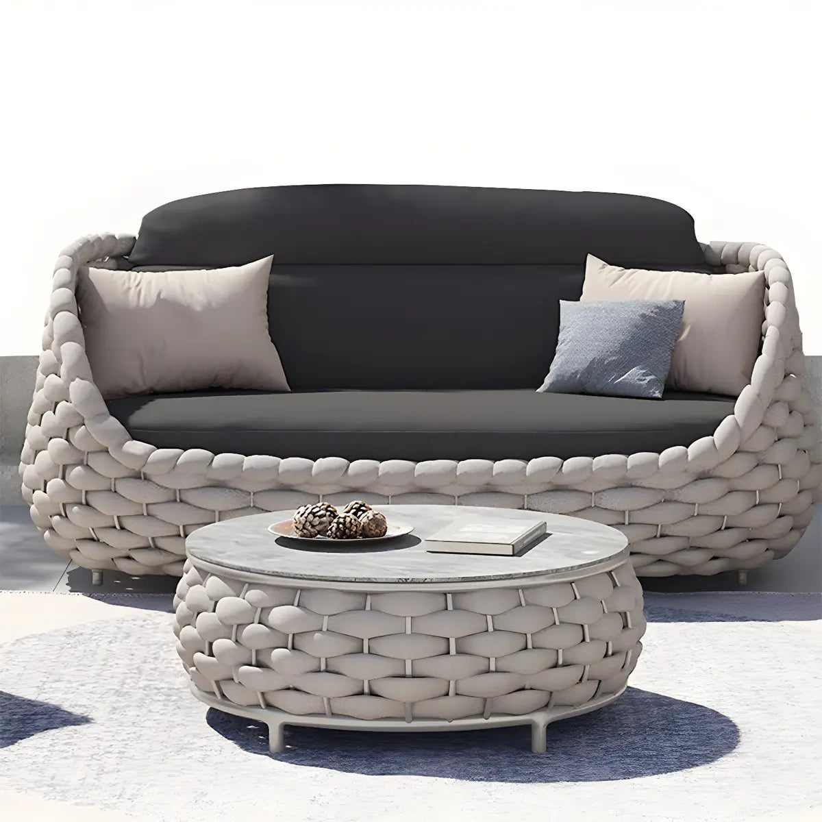 Grey Metal Frame Round Outdoor Stone Coffee Table Image - 2