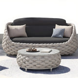 Grey Metal Frame Round Outdoor Stone Coffee Table Image - 2