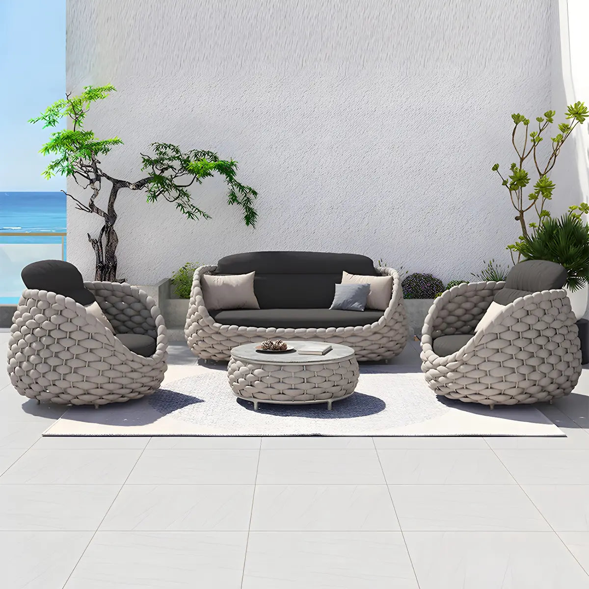 Grey Metal Frame Round Outdoor Stone Coffee Table Image - 3