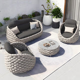 Grey Metal Frame Round Outdoor Stone Coffee Table Image - 4