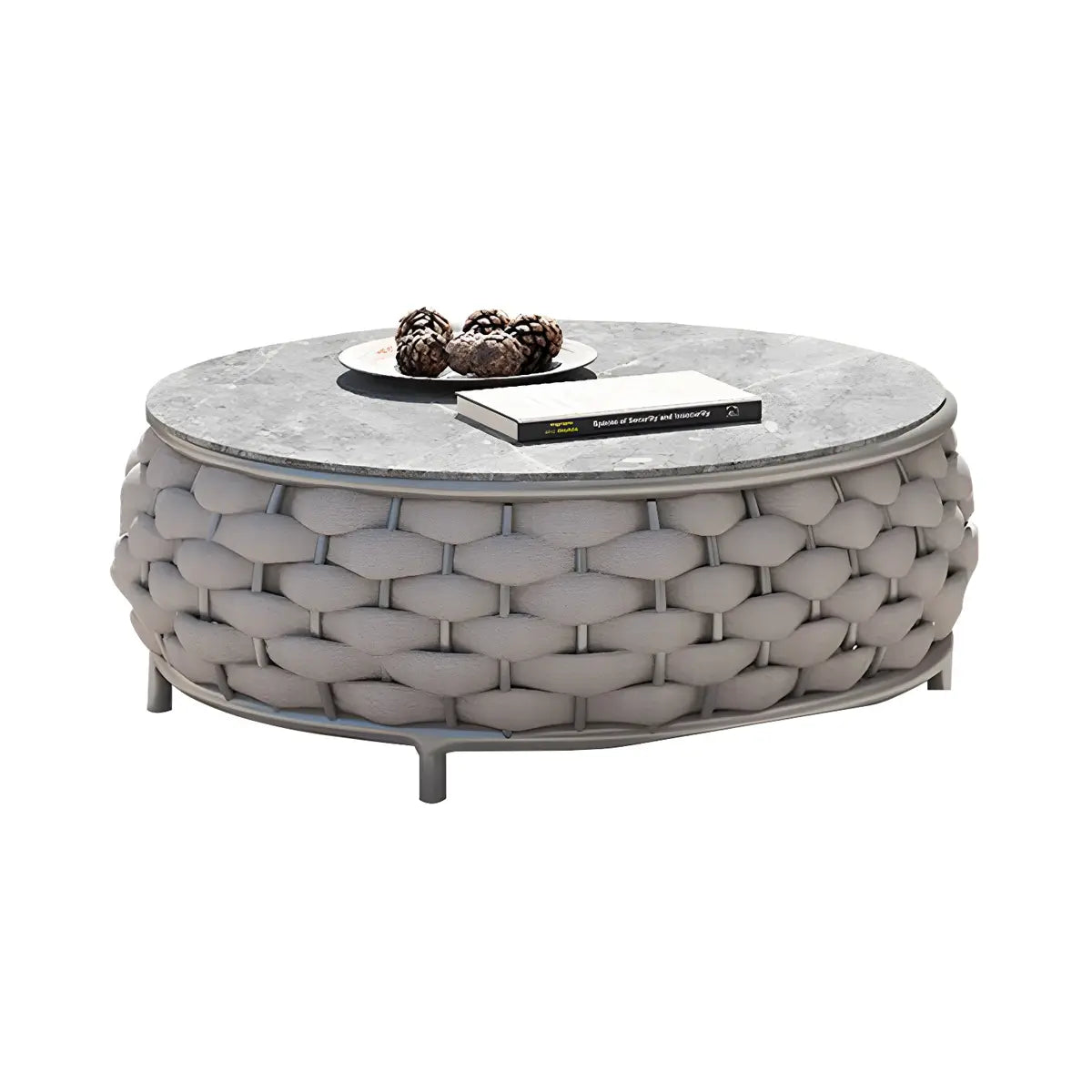 Grey Metal Frame Round Outdoor Stone Coffee Table Image - 5