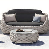 Grey Metal Frame Round Outdoor Stone Coffee Table Image - 6