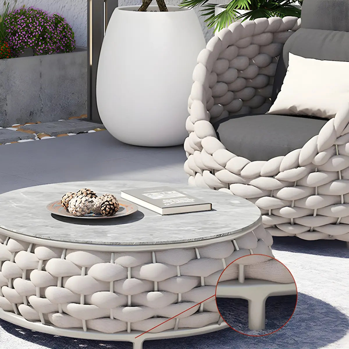 Grey Metal Frame Round Outdoor Stone Coffee Table Image - 7