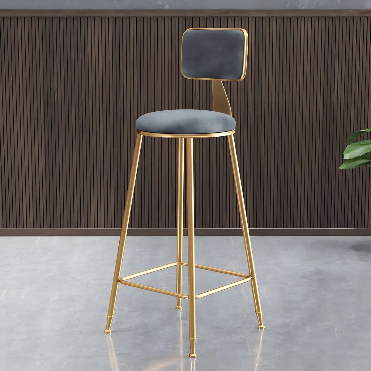 Grey Modern Gold Iron Velvet Tall Bar Stool with Cushion Image - 1