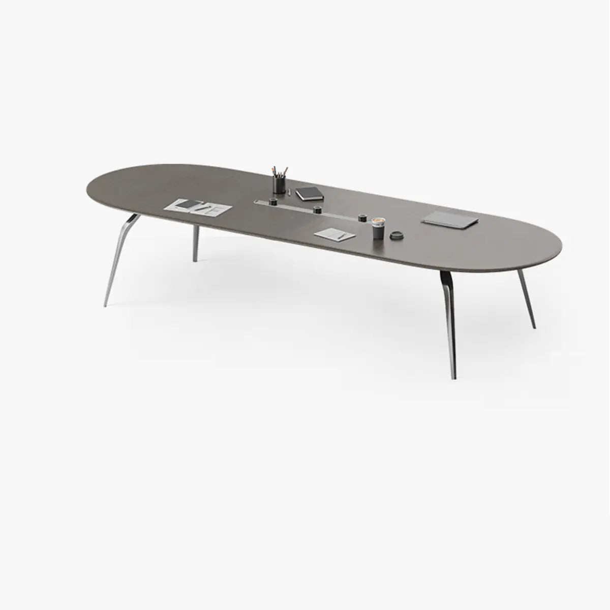 Grey Oval Wooden Long Multi-Person Computer Desk Image - 5