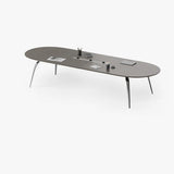 Grey Oval Wooden Long Multi-Person Computer Desk Image - 5