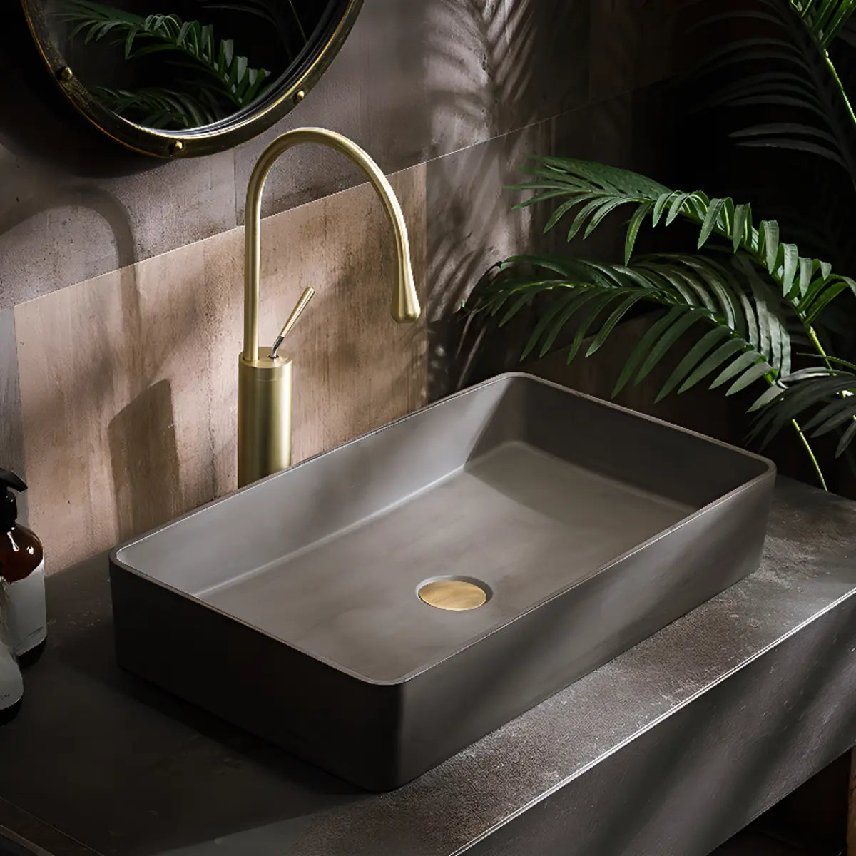 Grey Rectangular Cement Vessel Sink with Shutoff Valve Image - 5