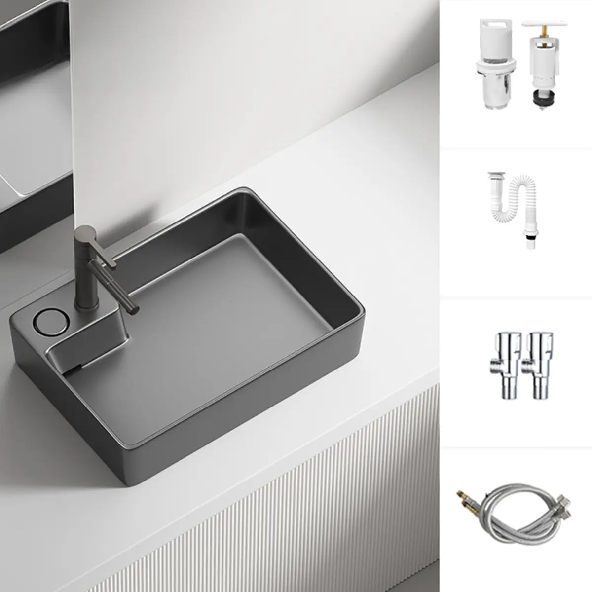 Grey Rectangular Ceramic Left Trapway Bowl Sinks Image - 16