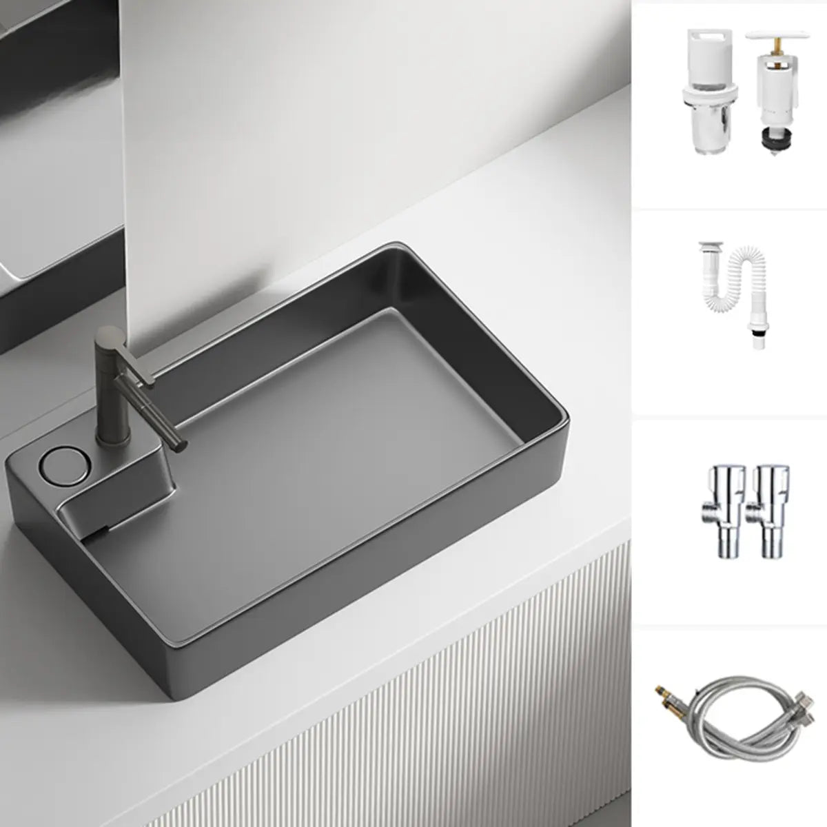 Grey Rectangular Ceramic Left Trapway Bowl Sinks Image - 17