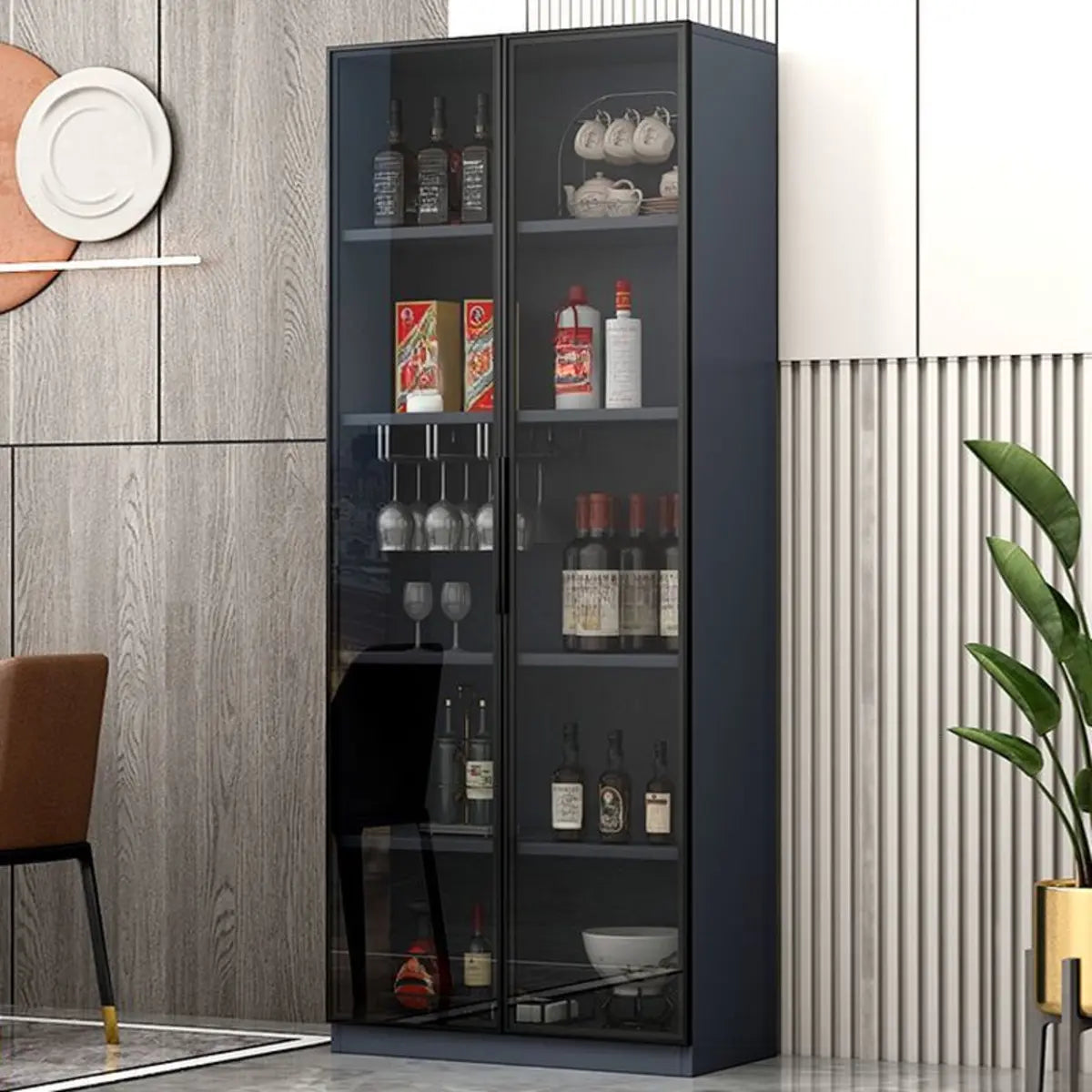 Grey Rectangular Slab Enclosed Display Wine Cabinet Image - 4