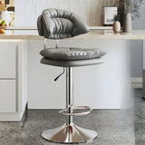 Grey Round Leather Adjustable Pedestal Swivel Bar Stool Image - 32