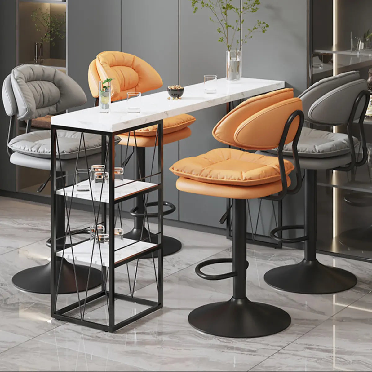 Grey Round Leather Adjustable Pedestal Swivel Bar Stool Image - 6