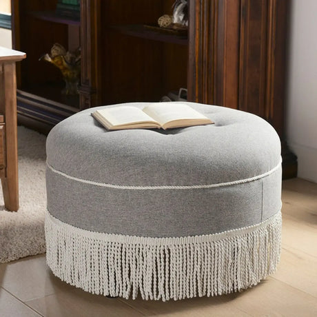 Grey Round Tufted Cotton Medium Fringe Ottoman Pouf Image - 1