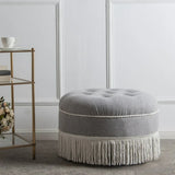 Grey Round Tufted Cotton Medium Fringe Ottoman Pouf Image - 2