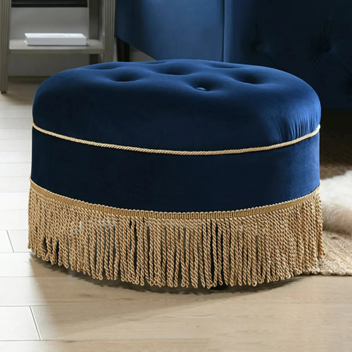 Grey Round Tufted Cotton Medium Fringe Ottoman Pouf Image - 8