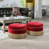 Grey Round Tufted Cotton Medium Fringe Ottoman Pouf Image - 3