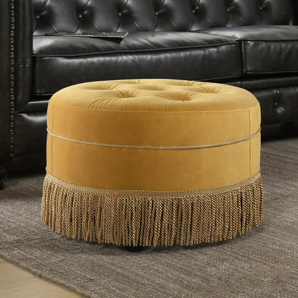 Grey Round Tufted Cotton Medium Fringe Ottoman Pouf Image - 4