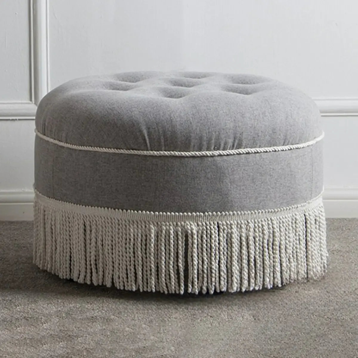 Grey Round Tufted Cotton Medium Fringe Ottoman Pouf Image - 6