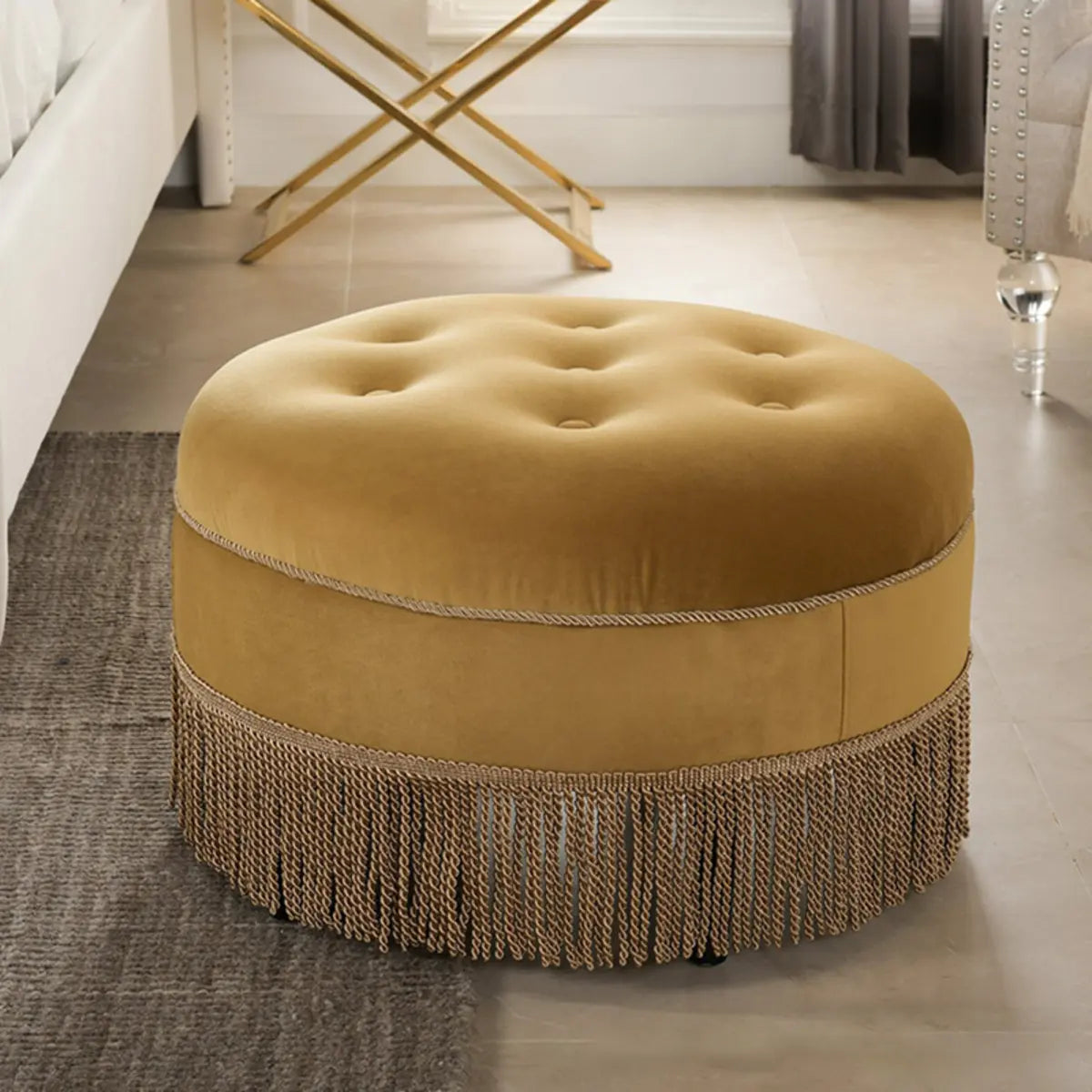 Grey Round Tufted Cotton Medium Fringe Ottoman Pouf Image - 14