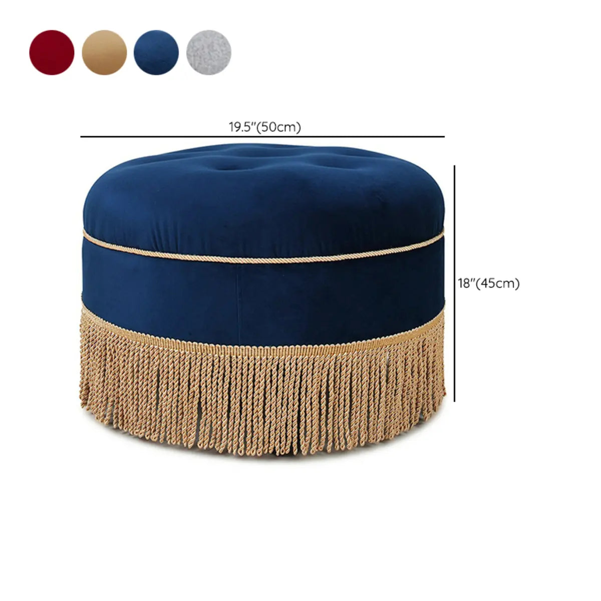 Grey Round Tufted Cotton Medium Fringe Ottoman Pouf 