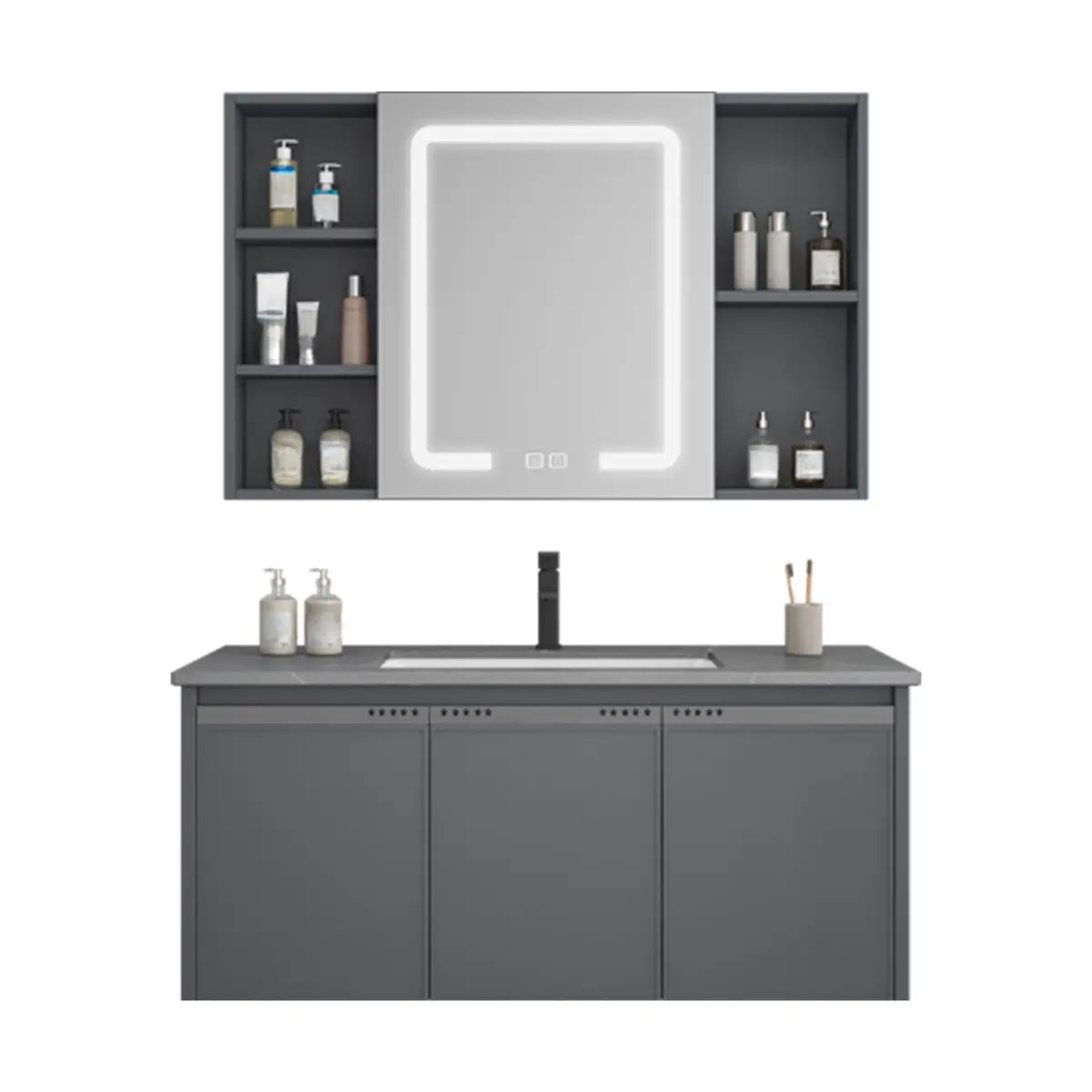 Grey Shelves MDF Bathroom Vanity with Faucet and Sink Image - 10