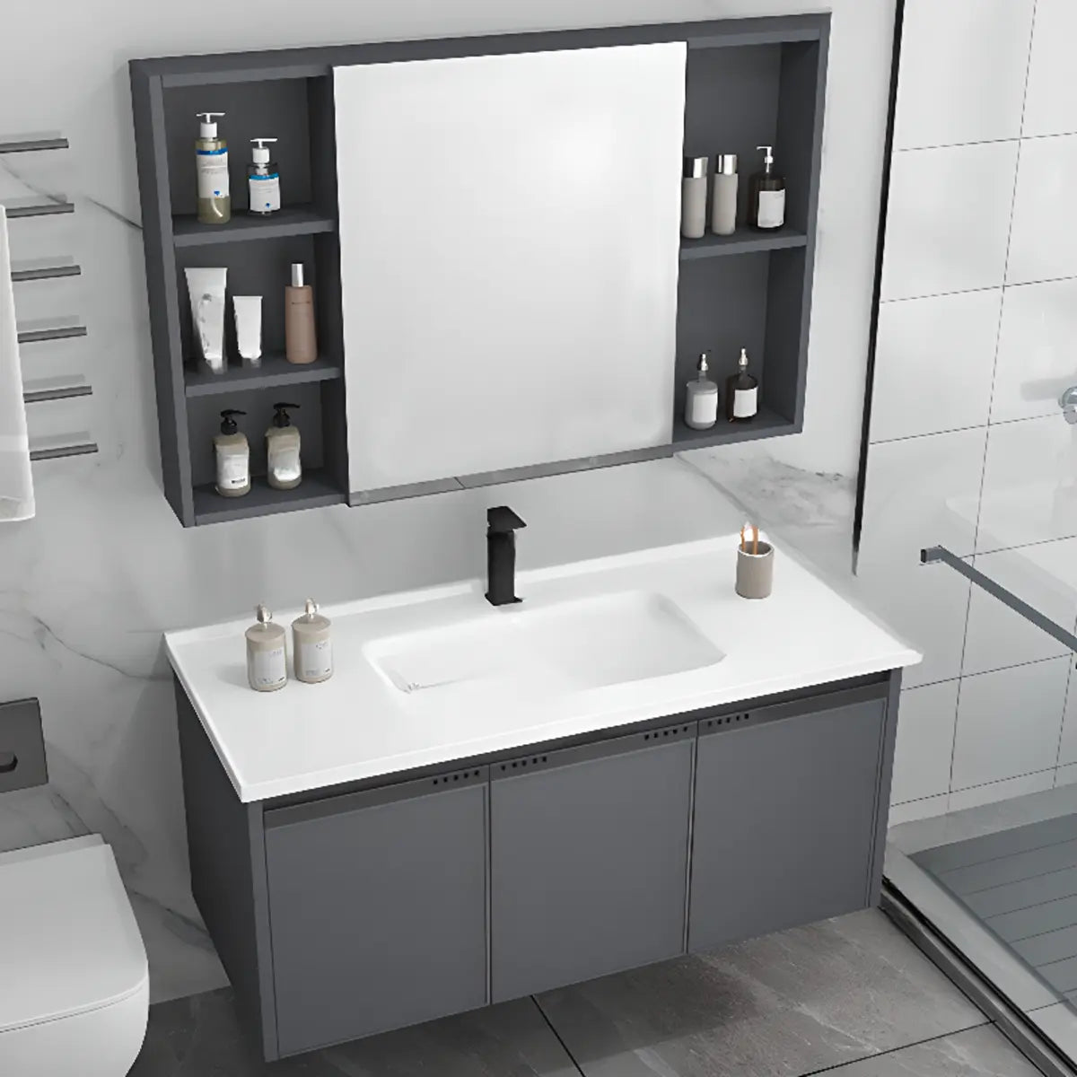 Grey Shelves MDF Bathroom Vanity with Faucet and Sink Image - 13