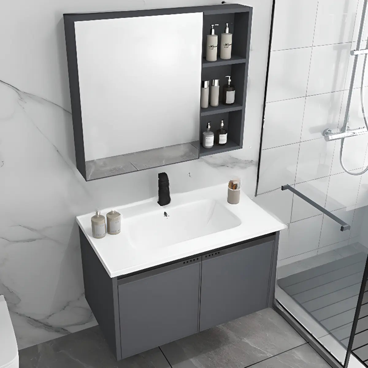 Grey Shelves MDF Bathroom Vanity with Faucet and Sink Image - 3