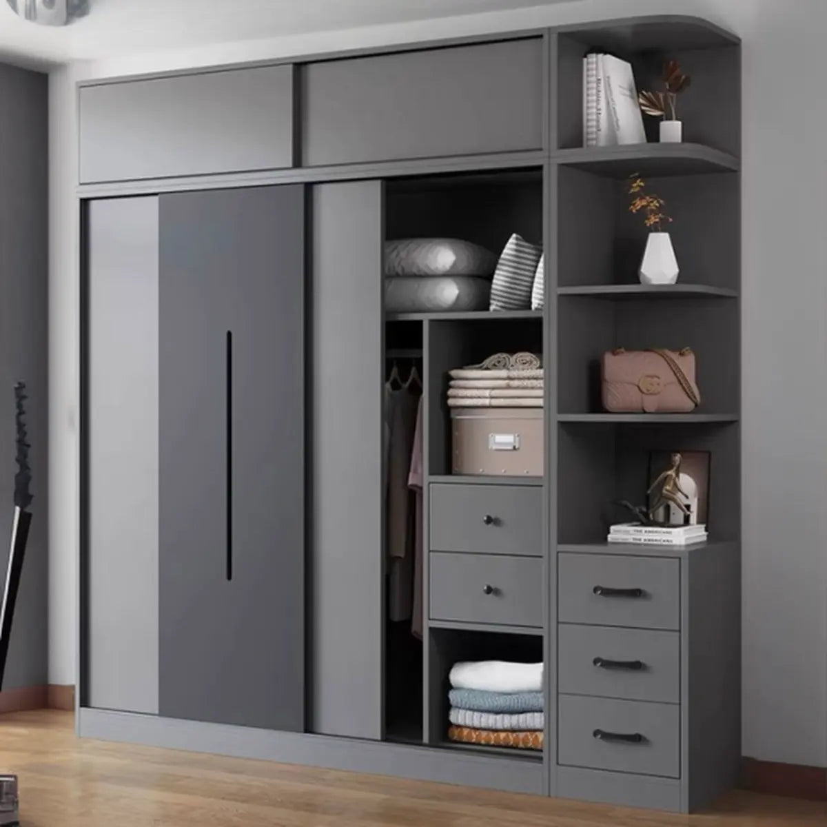 Grey Sliding Wood Wardrobe with Shelves and Drawers Image - 1