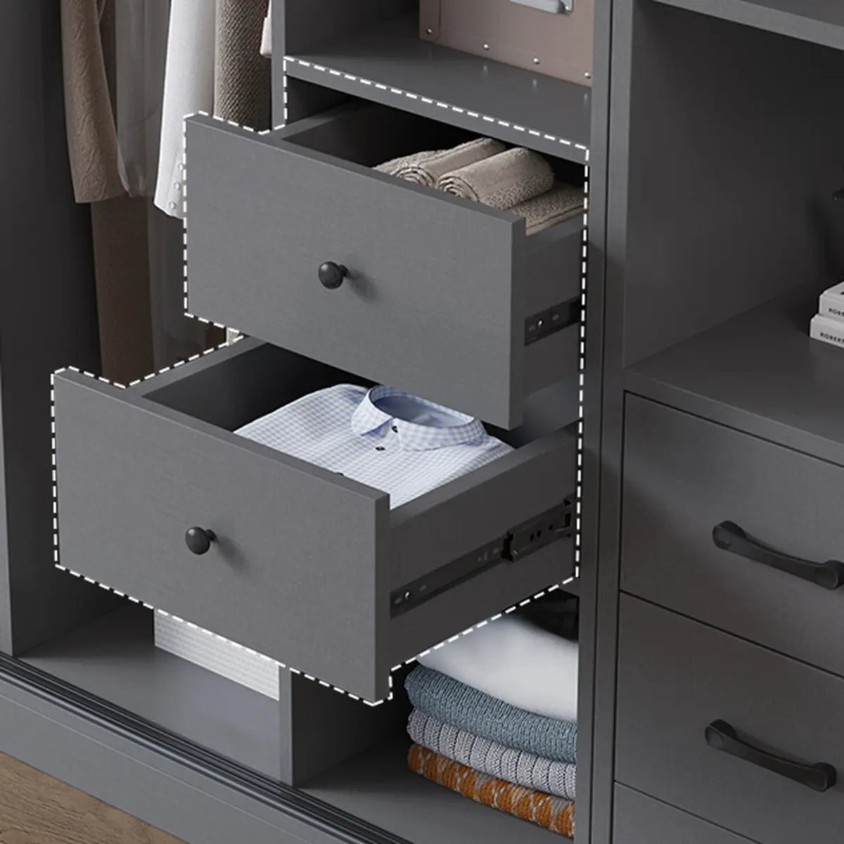 Grey Sliding Wood Wardrobe with Shelves and Drawers Image - 10