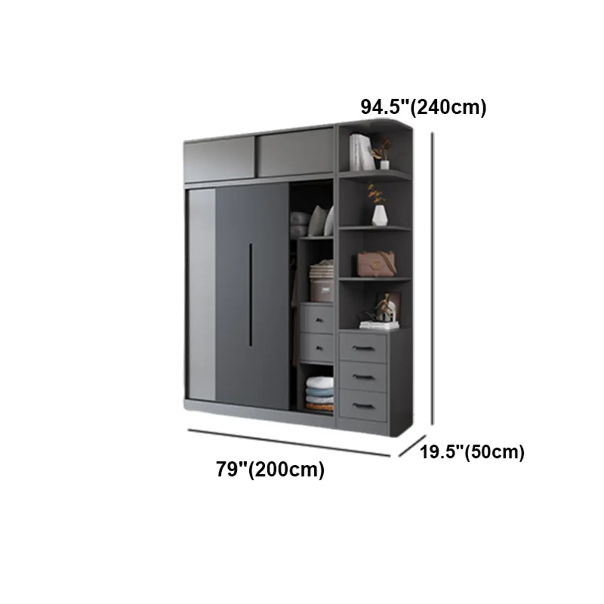 Grey Sliding Wood Wardrobe with Shelves and Drawers Image - 15