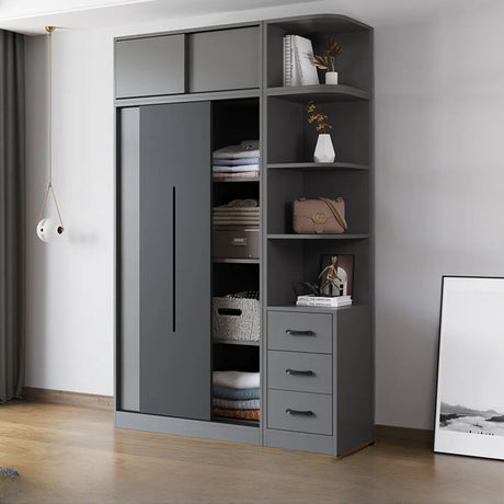 Grey Sliding Wood Wardrobe with Shelves and Drawers Image - 2