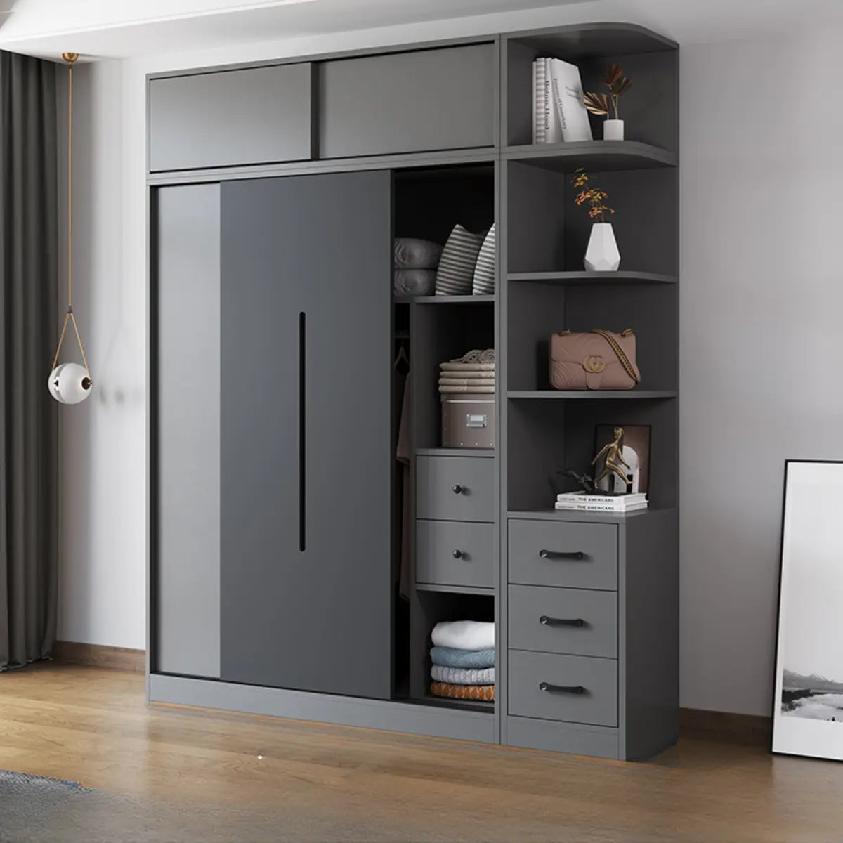 Grey Sliding Wood Wardrobe with Shelves and Drawers Image - 3