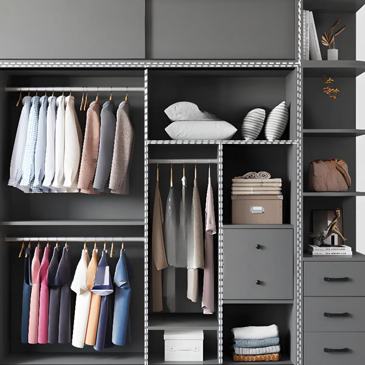 Grey Sliding Wood Wardrobe with Shelves and Drawers Image - 4