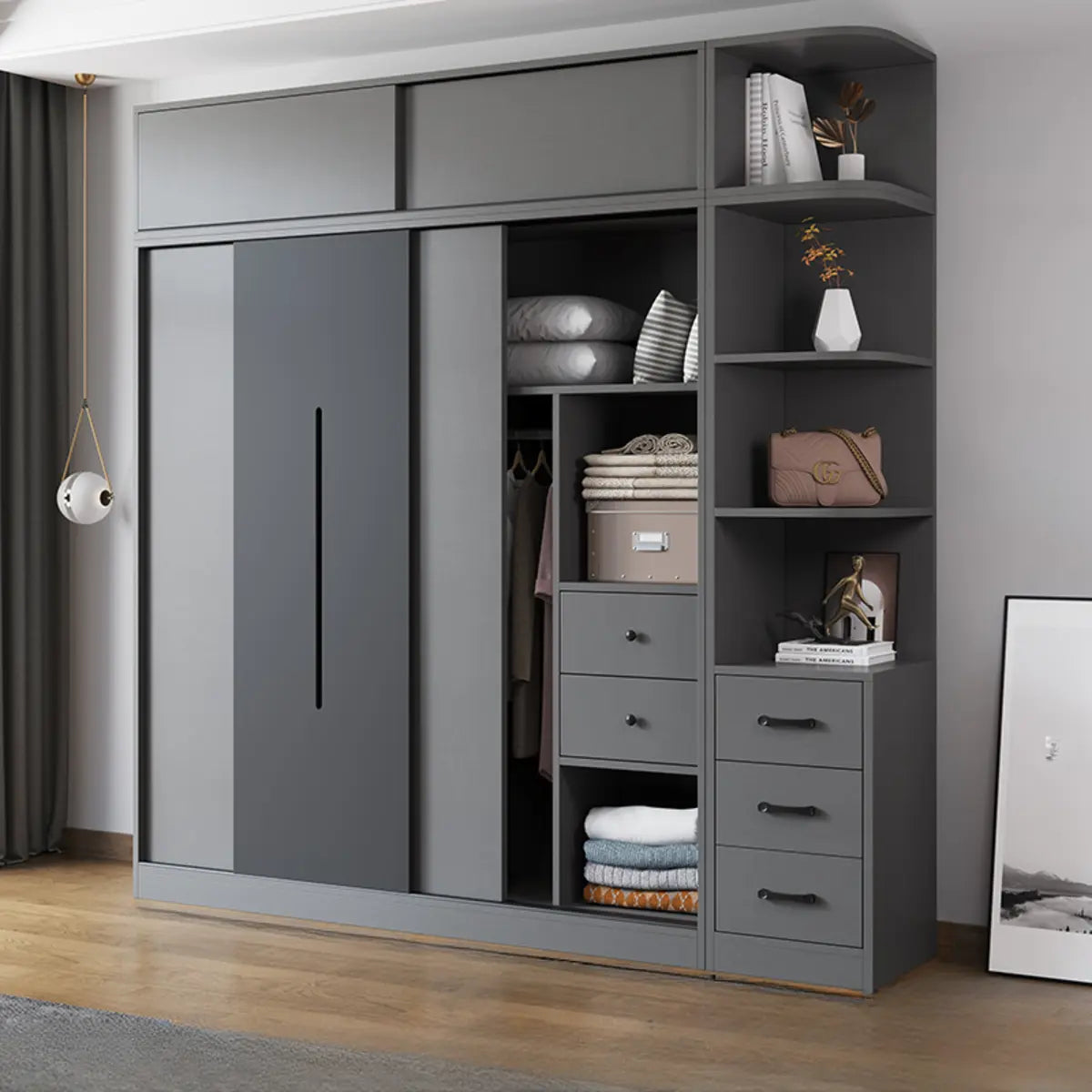 Grey Sliding Wood Wardrobe with Shelves and Drawers Image - 5