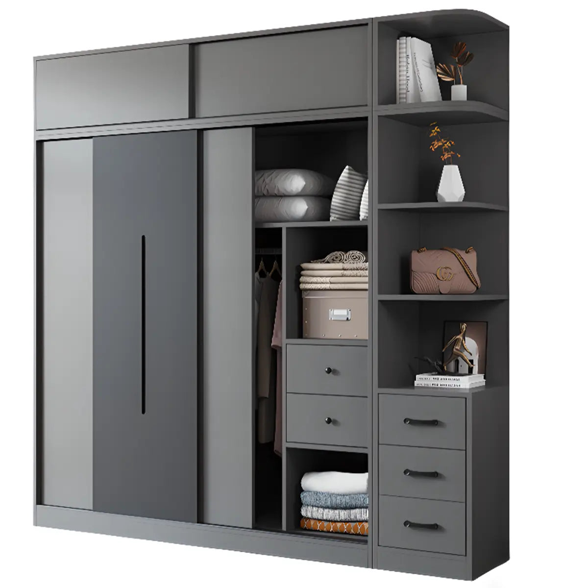 Grey Sliding Wood Wardrobe with Shelves and Drawers Image - 8