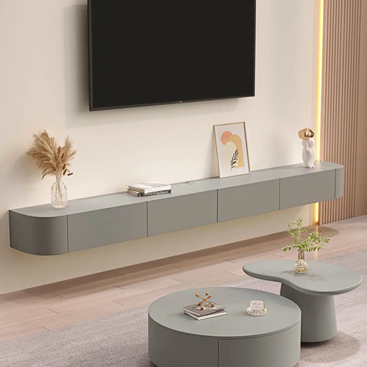 Grey Solid Wood Floating Mount Rectangle TV Stand Image - 3