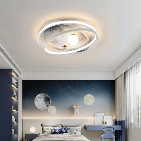 Grey Space Astronaut Oval 2-Ring LED Flush Mount Light Image - 1