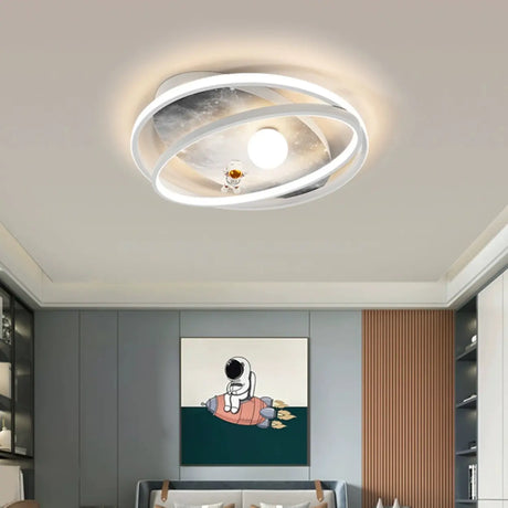 Grey Space Astronaut Oval 2-Ring LED Flush Mount Light Image - 2