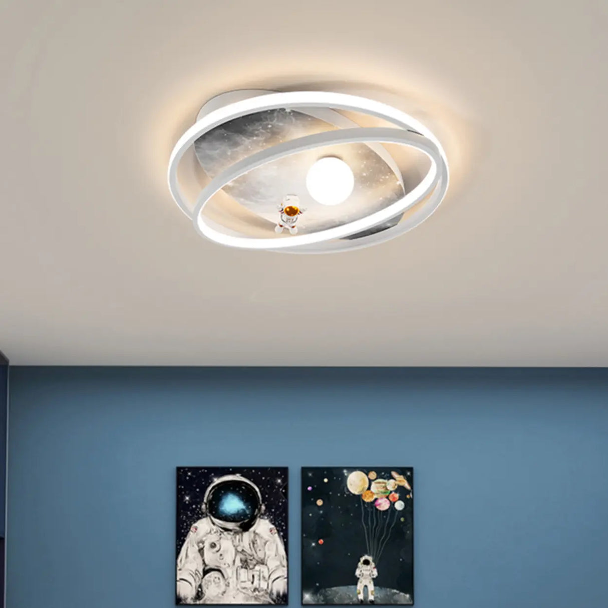 Grey Space Astronaut Oval 2-Ring LED Flush Mount Light Image - 3