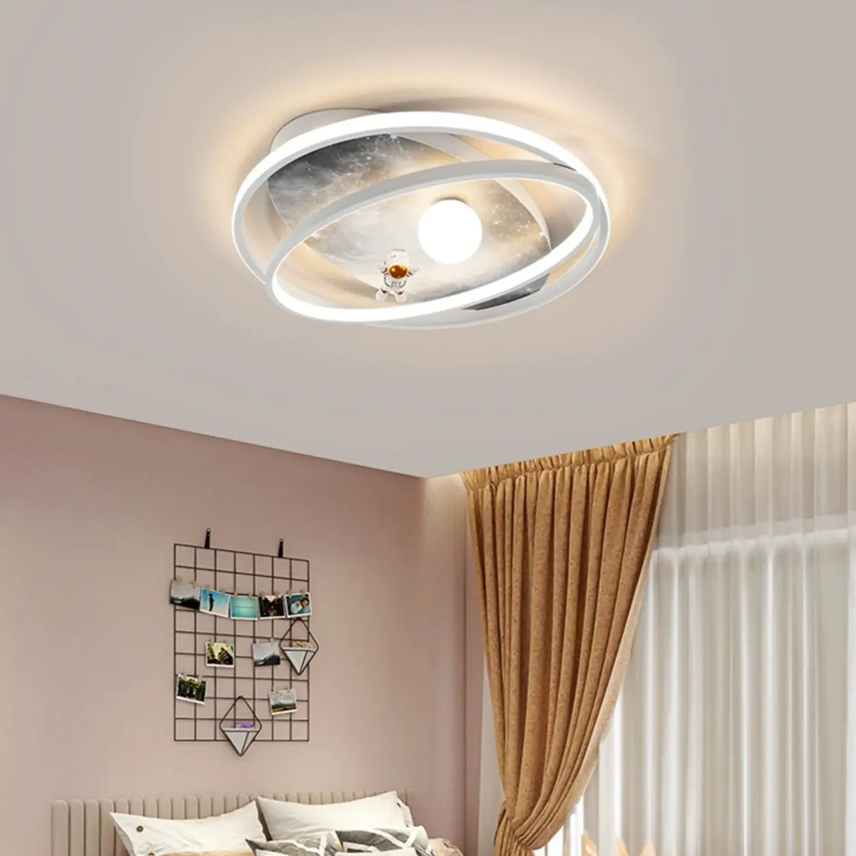 Grey Space Astronaut Oval 2-Ring LED Flush Mount Light Image - 4