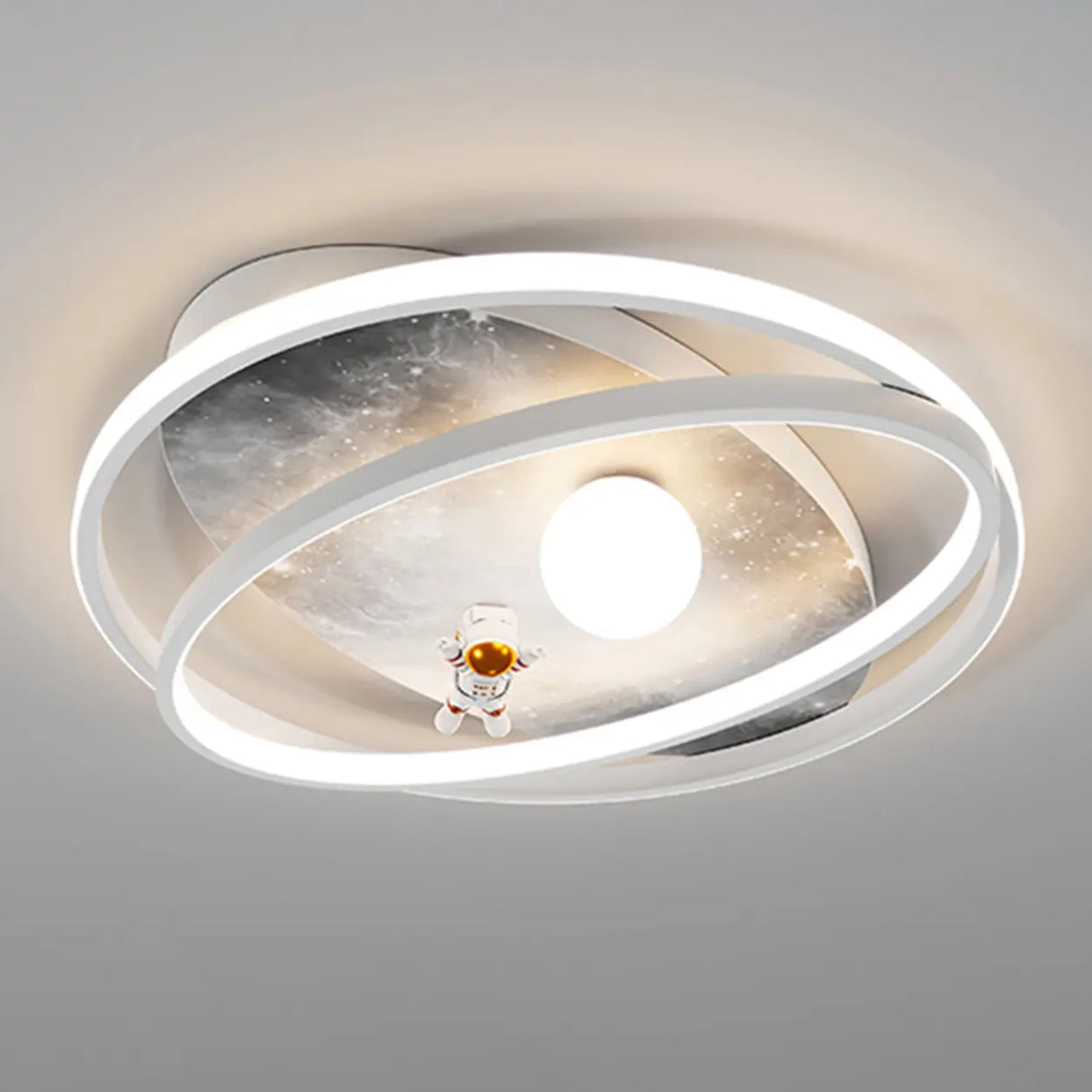 Grey Space Astronaut Oval 2-Ring LED Flush Mount Light Image - 9