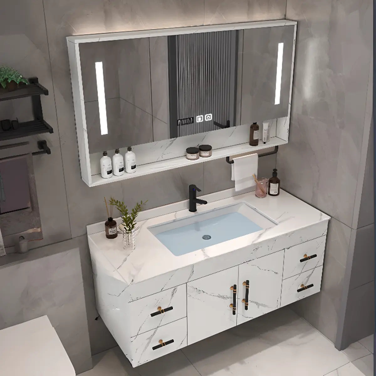 Grey Stone Single Sink Faucet Bathroom Vanity with Storage Image - 13