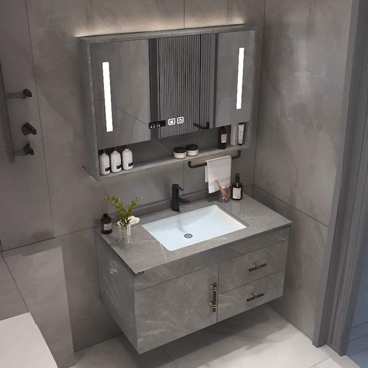 Grey Stone Single Sink Faucet Bathroom Vanity with Storage Image - 15