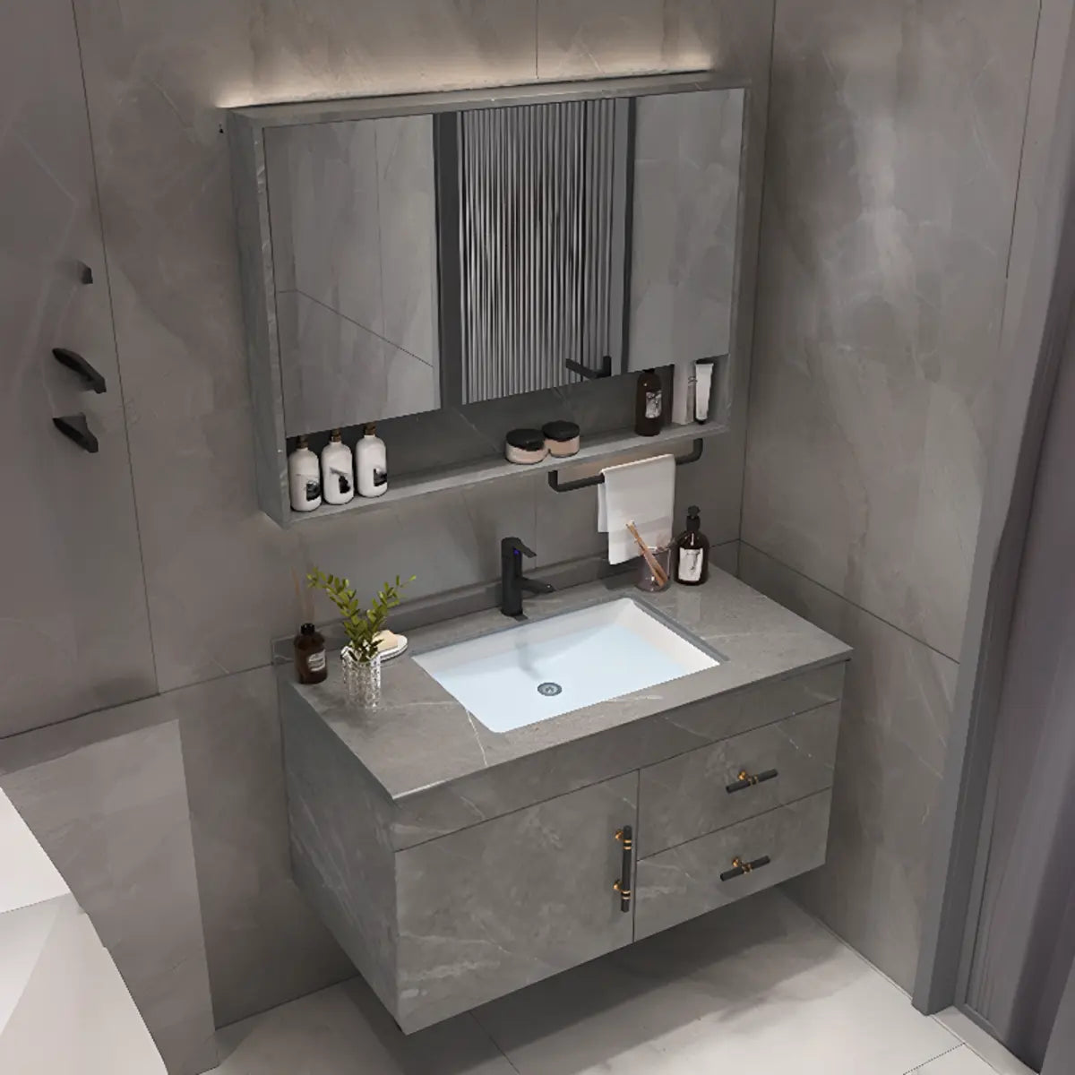 Grey Stone Single Sink Faucet Bathroom Vanity with Storage Image - 4